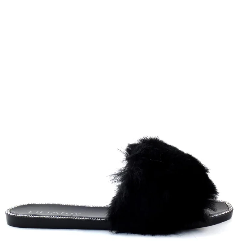 Liliana Open Toe Fur Vamp Detail Slide In Jelly Sandals - Jelli Skateboarding Sneaker Style  