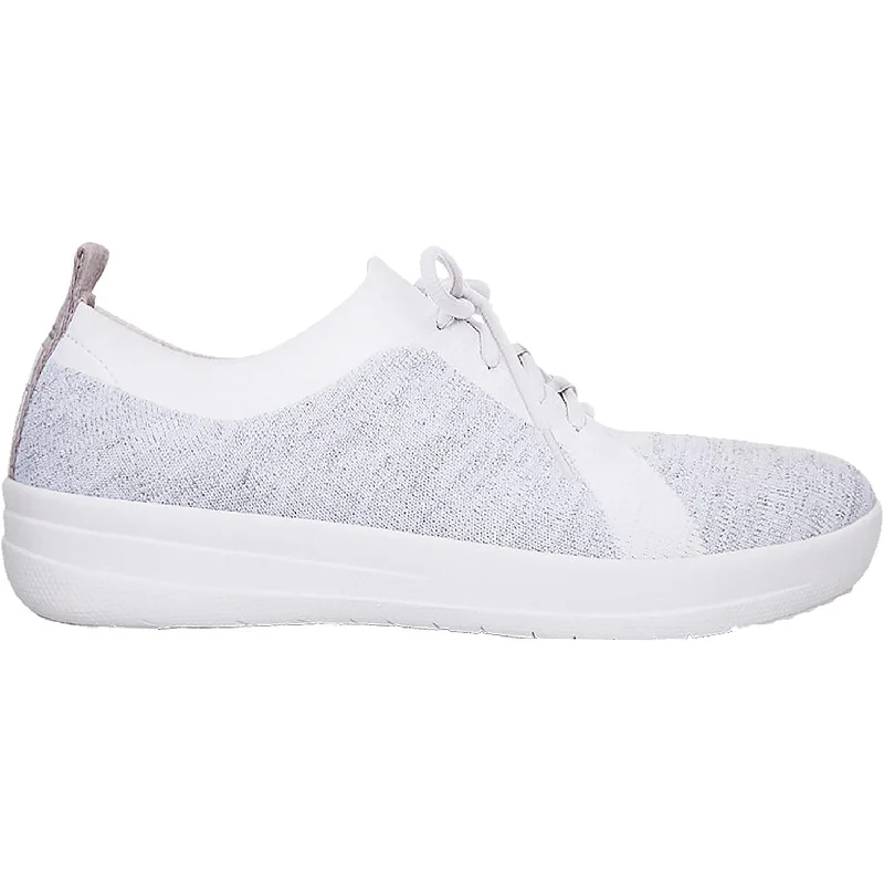 Women's Fit Flop F-Sporty Uberknit Sneakers White/Silver Metallic Nylon Distressed Leather Shoe Style Women's Fit Flop F-Sporty Uberknit Sneakers White/Silver Metallic Nylon Distressed Leather Shoe Style