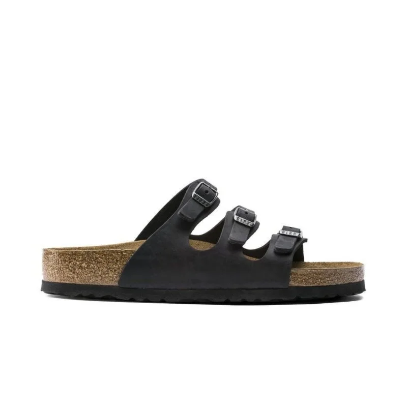 Birkenstock Women's Florida Soft Footbed - Black Oiled Leather Single - Buckle Monk Look  