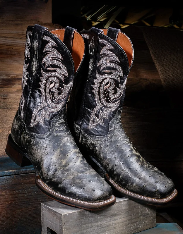 Men's DanPost Dillinger Distressed Black Ostrich Western Boot DP4198 Mod Oxford Design  