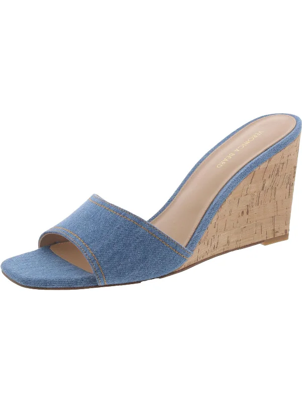 Ellen Womens Denim Square Toe Wedge Sandals Business Monk Strap Style  